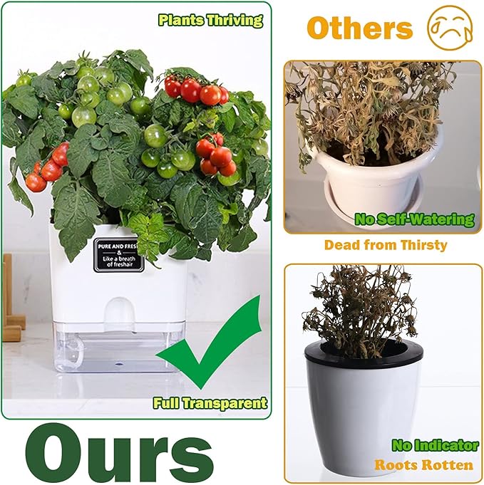 Planterhoma Self Watering Plant Pots for Indoor Plants 7/10 inch, 2 Packs Rectangle Self-Watering Planters with Drainage Hole, White African Violet Pots for Devil's Ivy, Spider Plant, Orchid, Herb