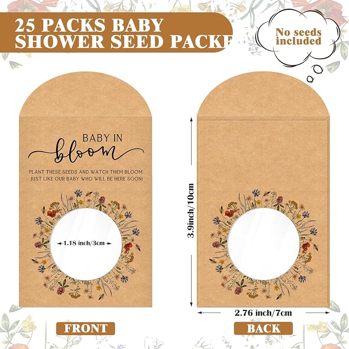 Fumete 25 Pack Baby in Bloom Seed Packets Wildflower Baby Shower Envelopes Kraft Bags with Clear Window Resealable Seed Organizer Storage Bag for Gender Reveal Party Favors, No Seeds(Kraft)