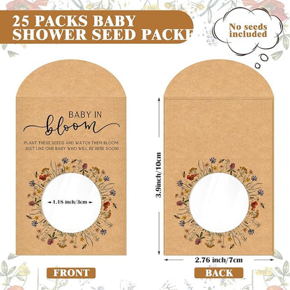 Fumete 25 Pack Baby in Bloom Seed Packets Wildflower Baby Shower Envelopes Kraft Bags with Clear Window Resealable Seed Organizer Storage Bag for Gender Reveal Party Favors, No Seeds(Kraft)