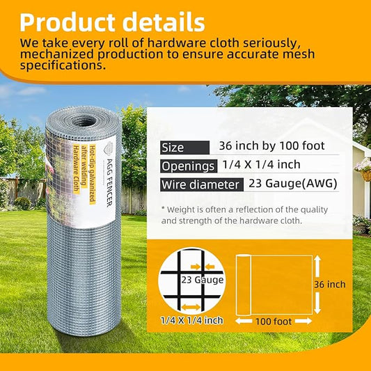 36inch x 100ft Hardware Cloth 1/4 inch Chicken Wire Fencing 23Ga, Hot Dipped Galvanized After Welding Garden Plant Supports Welded Metal Chicken Wire Fence Poultry Animal Netting Cage Screen