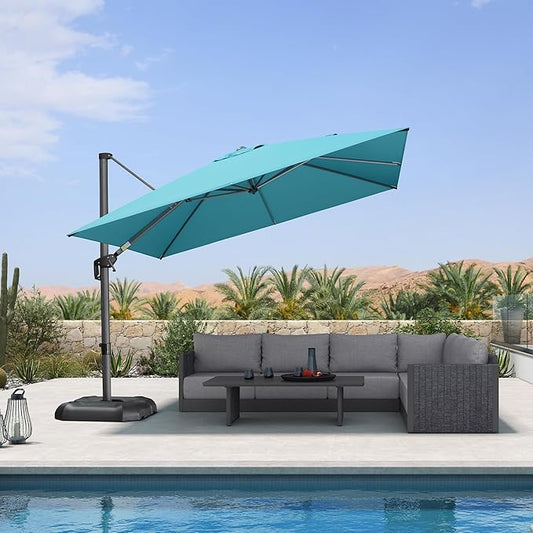 PURPLE LEAF Patio Umbrella with Base 10 Feet Outdoor Cantilever Square Umbrella Aluminum Offset Umbrella with 360-degree Rotation for Garden Deck Pool Patio, Turquoise Blue