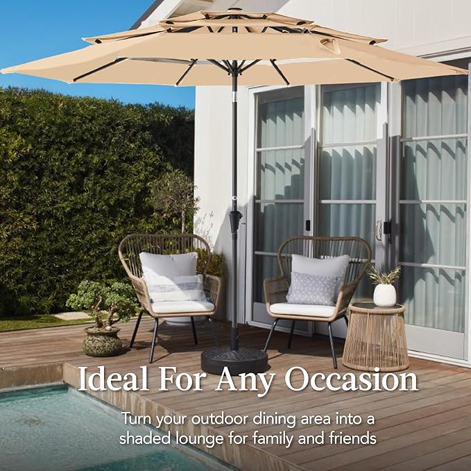 Best Choice Products 10ft 3-Tier Market Patio Umbrella, Outdoor Sun Shade with Tilt, Crank Lift, 8 Ribs for Backyard, Deck, Poolside – Sand