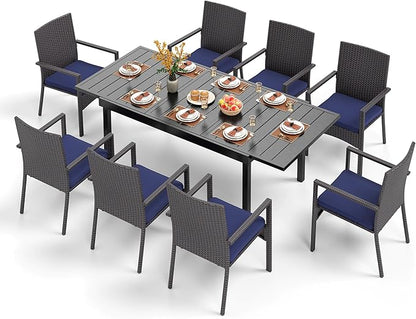 PHI VILLA 9 Piece Large Outdoor Dining Table Set for 8, Expandable Rectangular Steel Dining Table & Cushioned Rattan Wicker Chairs, Dining Furniture Set for Patio, Deck, Yard