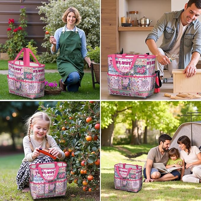 Boho Garden Tool Bag - Waterproof Floral Garden Tote with 8 Pockets, Large Storage Home Organizer Gardening Tool Oxford Bag for Garden Tools Kits Holder, Ideal Outdoor Gardening Gift for Women & Men