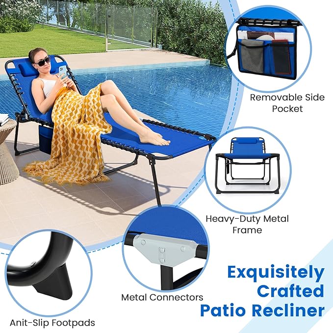 Goplus Extra Large Lounge Chair Outdoor, 27” Wide Folding 5-Position Tanning Chair with Detachable Pillow, Side Pocket, 16” High Chaise Lounger, Patio Lounge Chair for Yard Pool Yard