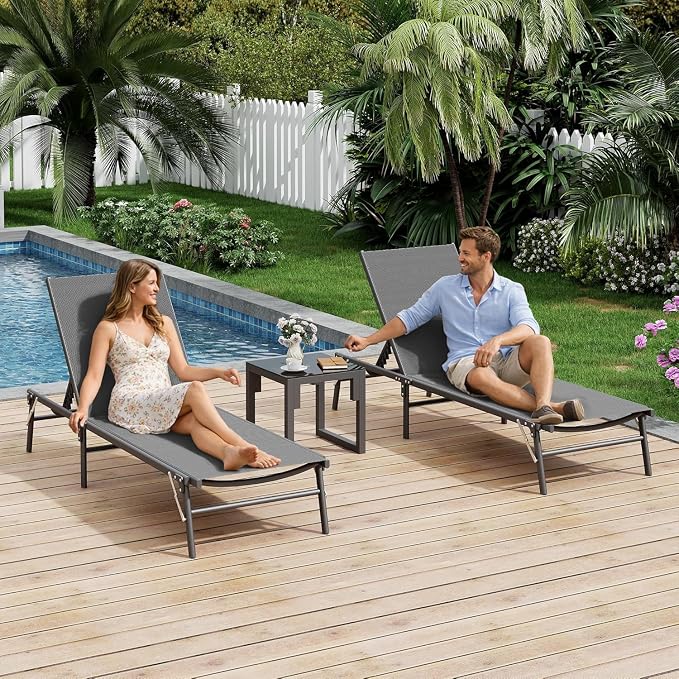 UDPATIO Foldable Patio Lounge Chair Set of 3 No Assembly Outdoor Chaise Lounge with Side Table