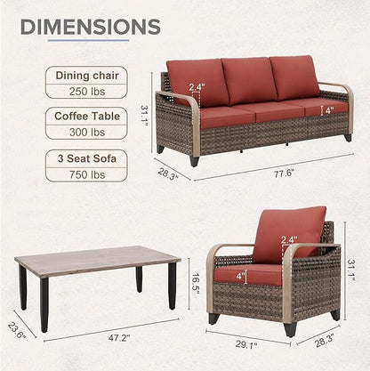 COOS BAY Modern Wicker Outdoor Furniture Set, Patio Conversation Set with Patio Chairs, 3 Seat Couch, and Side Table, 4 Piece, Brown/Red