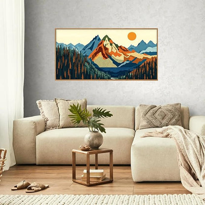 FWIEXA Vintage Mountain Framed Canvas Wall Art Set, Boho Sunrise Wall Prints, Abstract Nature Forest Artwork, Retro Lake Sunset Painting, 20x40 Inches Modern Rustic Decor for Living Room, Bedroom, Office