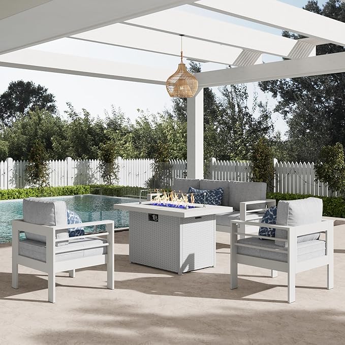 LayinSun Aluminum Furniture Set with Fire Pit Table, 4 Pieces Patio Sectional Conversation Chat Sofa Modern Seating Set