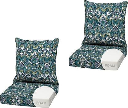 Arden Outdoor Foam Deep Seat Cushion (2-Pack), 22x24, Premium High-Density Foam, Never Flattens, Weather-Proof for Patio Chair Sofa Couch, Sapphire Aurora Blue Damask