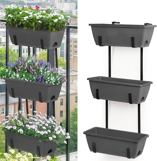 OYEAL Deck Railing Planters Vertical Garden Hanging Planter Boxes with Adjustable Brackets, Set of 2 Hanging Flower Pots for Railing Fence with 6 Plastic Planter Boxes, Grey