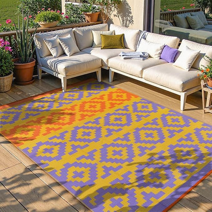 Anidaroel Camping Rug for Outside RV, 8x10 Waterproof Outdoor Rug for Patio Clearance, Reversible Plastic Straw Outside Area Rug for Deck, Camper, Backyard, Picnic(Purple&Orange,8‘x10')