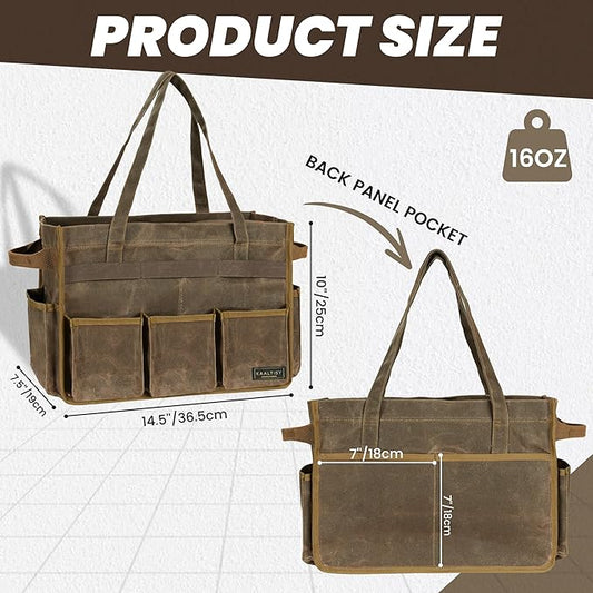 Canvas Tool Tote Bag, Heavy Duty 16oz Waxed Canvas Tool Pouch with Metal Zipper & 12-Pocket | Multi-Purpose Garden Tool Storage Carrier for Gardener Craftsman Contractor | Brownish Grey