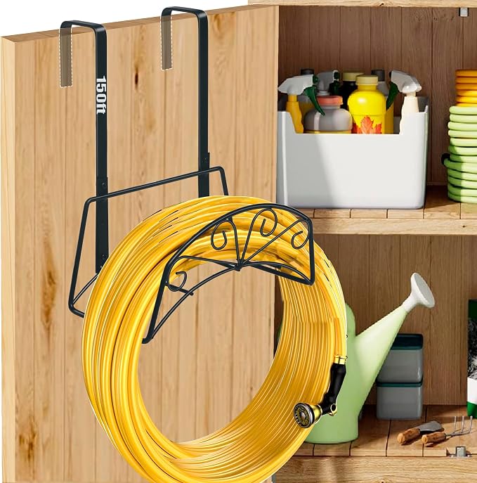 Garden Hose Holder for Outside Yard Hang Over the Door and Fence, Holds Up to 150Ft, Black