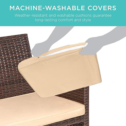 Best Choice Products 4-Piece Outdoor Wicker Patio Conversation Furniture Set for Backyard w/Coffee Table, Seat Cushions - Brown/Beige