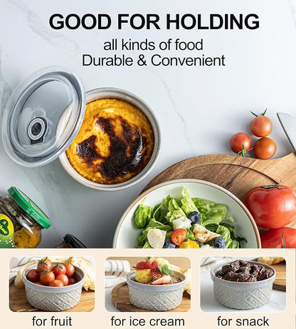 Ceramic Bowls with Lids set of 4, Soup Bowls, 28 oz Ramekins Baking Dishes for Kitchen, Food Storage Container Bowls Oven Safe, Bowls for Salad, Snack, Oatmeal, Fruit, Gifts, Grey