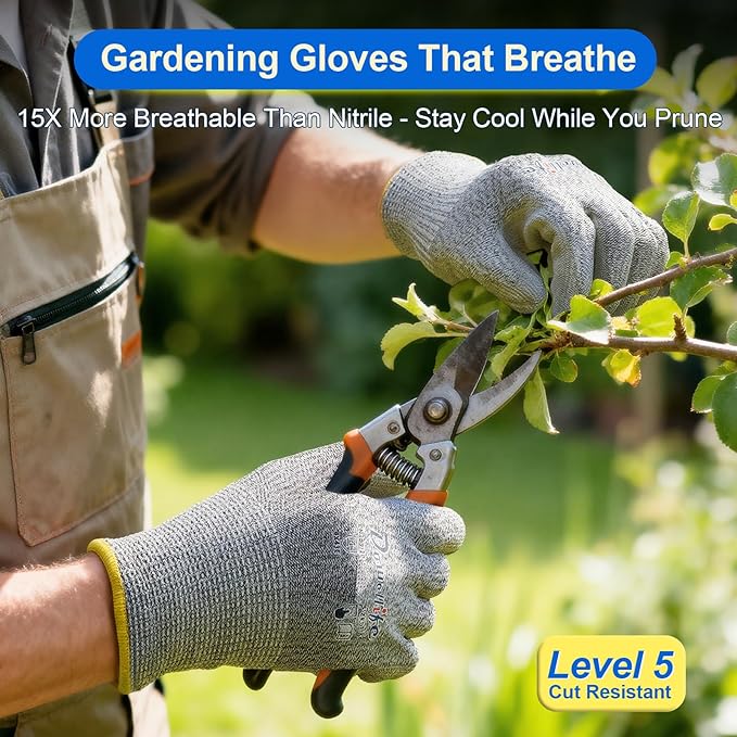 Dowellife 12 Pairs Level 5 Cut Resistant Work Gloves for Men and Women, PU Coated Breathable Gardening Gloves, Thin Flexible and Firm Grip for Mechanics and Fishing (Large, Grey)