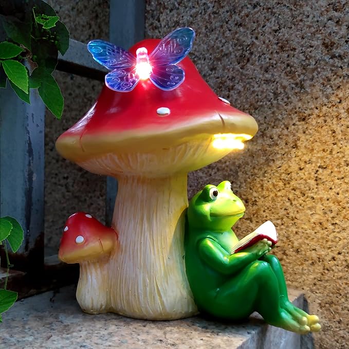 Solar Frog Mushroom Garden Statues,Statuettes of Resin Frog Mushroom Reading a Book Figurine with LED Solar Lights, Lawn Decor Outdoor Statue for Patio,Balcony,Yard,Lawn Ornament