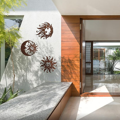 VividLadybug Sun Moon Wall Hanging, Wall Sculpture, Metal Wall Art Indoor/Outdoor Decor Rust Colored Rust Proof Wall Sculpture - Ideal for Bedrooms, Gardens, Homes, Patios and Farmhouses, Set of 3