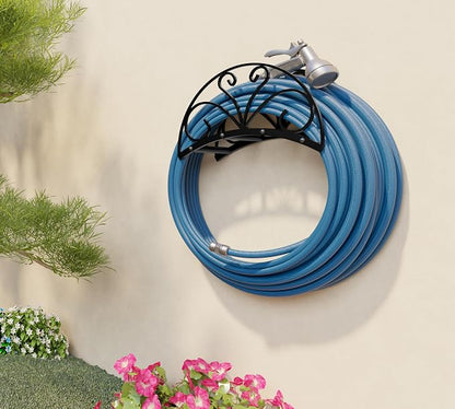 Fire Beauty Heavy-Duty Metal Hose Holder, Wall-Mounted Garden Hose Reel Organizer for Outdoor Yard, Solid Iron Decorative Hanger Storage