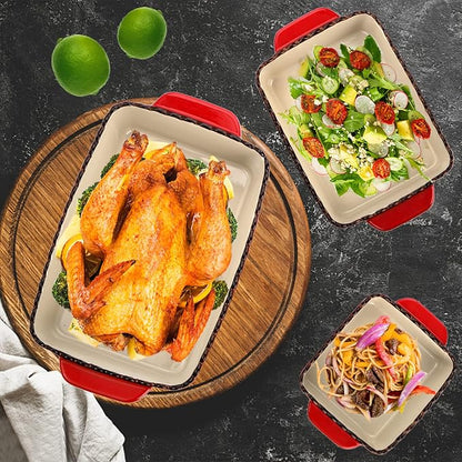 AVLA 3 Pack Ceramic Bakeware Set, Porcelain Rectangular Baking Dish Lasagna Pans for Cooking, Kitchen, Casserole Dishes, Cake Dinner, 12 x 8.5 x 6 Inches of Baking Pans, Banquet and Daily Use, Red
