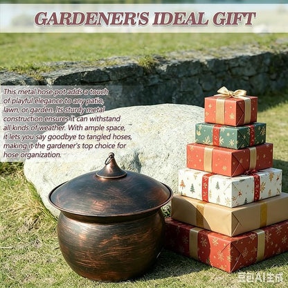 Metal Garden Hose Storage Pot, Vintage Copper Finish Hose Holder with Lid, Heavy-Duty Outdoor Water Hose Container for Patio/Yard/Lawn Decor