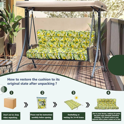2/3 Seater Swing Replacement Cushion, Waterproof Porch Swing Cushions with Backrest, Thickened Bench Cushions for Outdoor Furniture, for Outdoor Patio Swing (Botanical Yellow, 63 * 40in)