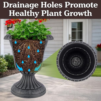 Outdoor Planter 2-Pack - 16x18-Inch Urn Planters for Front Porch Decor, Indoors, Patio or Entryway - Plastic Plant Pots - Large Decorative Flower Pots by Pure Garden (Stone Gray)