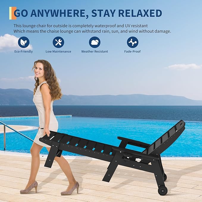 PeakPursuit Patio HDPE Chaise Lounge with Rolling Wheels, Oversize 5-Position Lounge Chair with Cup Holder, Resin Pool Lounger Chair for Outside
