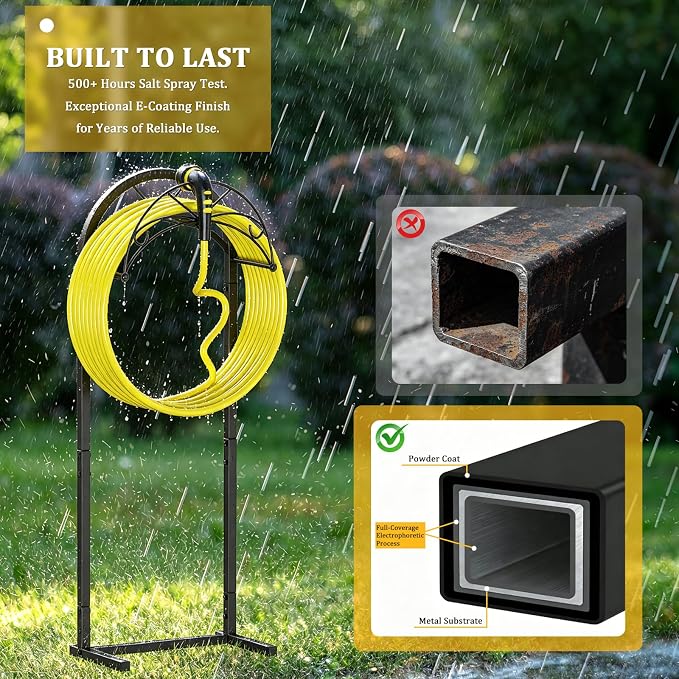 Garden Hose Holder with Pattern Heavy Duty Freestanding Holds 150ft | Auto-Grade Coat, Wide Base: No-tip yard stand. Drill-free: grass/decks. Tool-free twist, top tray for nozzles.