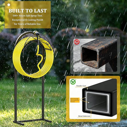 Garden Hose Holder with Pattern Heavy Duty Freestanding Holds 150ft | Auto-Grade Coat, Wide Base: No-tip yard stand. Drill-free: grass/decks. Tool-free twist, top tray for nozzles.