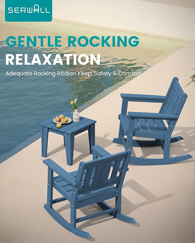 SERWALL 3 Piece Patio Rocking Bistro Set, Outdoor Bistro Set with Side Table, All Weather Outdoor Rocking Chair Set for Garden, Balcony, Backyard, and Porch- Blue