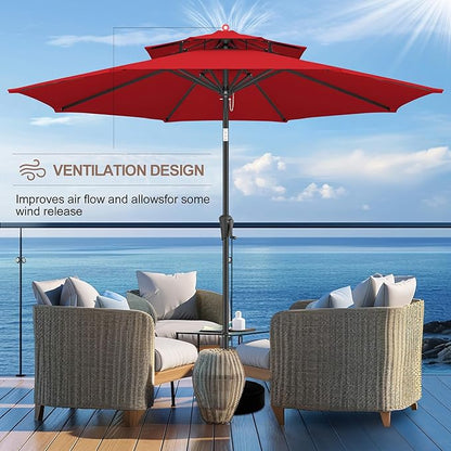 FLAME&SHADE 9ft Patio Umbrella - 2 Tiers Outdoor Umbrella with Push Button Tilt and Crank for UV Protection, Table Market Umbrella for Garden, Deck, Backyard, Pool and Beach(Red)