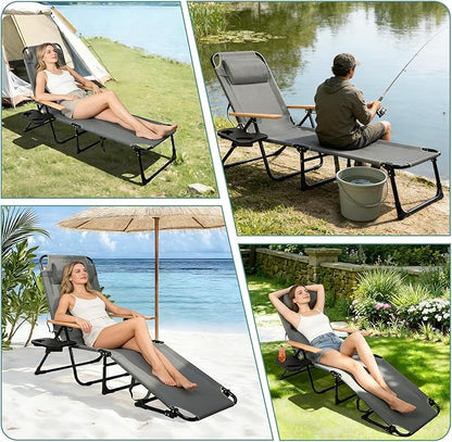 Foldable Chaise Lounge Chair Outdoor, 4-Position Reclining Outdoor Lounge Chairs with Wooden Armrest, Folding Sun Lounger with Removable Pillow for Garden Beach Patio Camp (Gray)