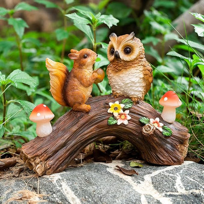 Solar Owl Garden Statues Outdoor Decor Resin Owl Squirrel Figurine with Mushroom Lights for Patio Lawn Yard Decorations Christmas Birthday Housewarming Gardening Gifts for Women Mom