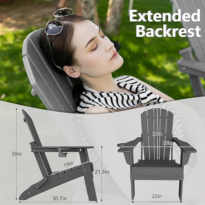 Plawdlik Folding Adirondack Chair, SGS Tested, Wooden Textured with Cup Holder, Heavy All-Weather HDPE Comfortable Set Poolside Backyard Lawn Grey Set 4