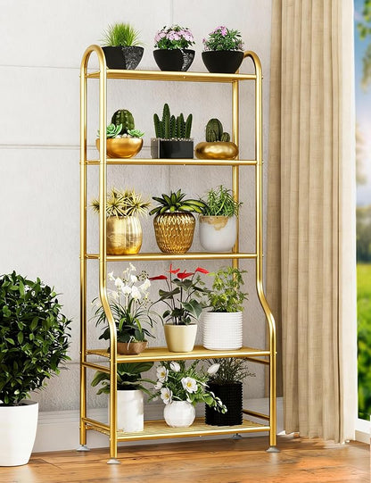 5-Tier Metal Plant Stand - Heavy Duty Indoor Outdoor Flower Shelf for Multiple Pots, 65" Tall Vertical Holder with Adjustable Leveling Feet & Wall-Fixing Kits, Gold