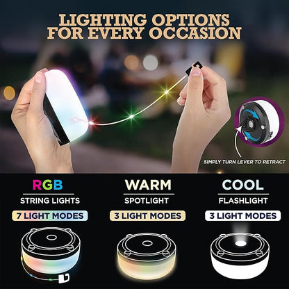 Bell+Howell 32 Ft Retractable Camping String Lights with Flash Light & Hanging Hook, LED Color Changing for Backyard, Holidays, Portable String Lights Outdoor Waterproof IP65, USB-C Cable Included