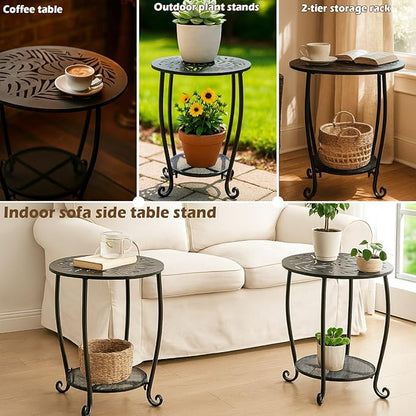 2-Tier Metal Round Side Table Black Accent Coffee Tables Small Space Corner Plant Stand Shelf for Indoor Outdoor Porch Patio Balcony Living Room End Table with Storage, Rust-Proof