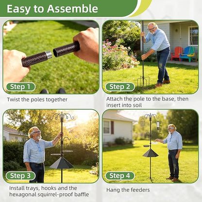 94" Bird Feeding Station Kit with Metal Squirrel Baffle, Heavy Duty Metal Bird Feeding Station with Seed Tray＆Mesh Basket, Easy Assembly Ground Mounted Bird Feeder Pole for Garden Yard Outdoor