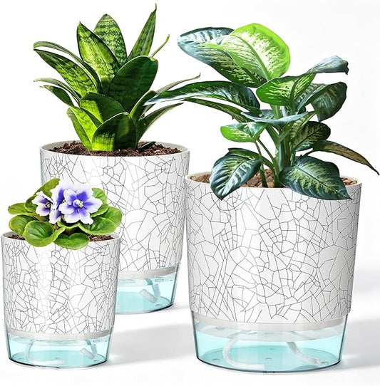 3 Pack Self Watering Pots for Indoor Plants, 4+5.5+6.3 Inch Self Watering Plant Pots, Flower Pots with Wick Rope and Reservoir - Crack Texture