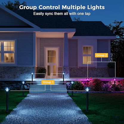 XMCOSY+ Smart Solar Pathway Lights, Bluetooth APP Control with Motion Sensor, 150LM RGBCW Color Changing Landscape Lighting for Yard, Garage, Garden, Lawn, IP65 Waterproof, 4 Pack