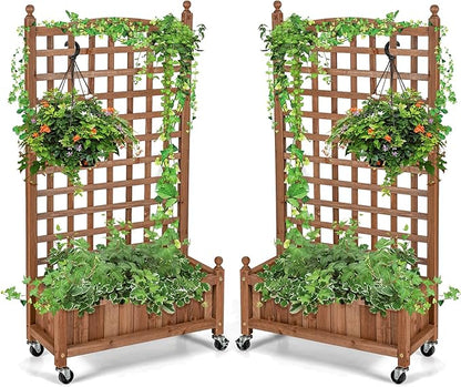 Giantex Set of 2 Mobile Plant Raised Bed, Wood Planter with Lattice Trellis and Wheels, Flower Box for Plant Climbing, Vertical Garden for Balcony Patio Yard, 25"x11"x 50"