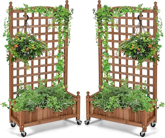 Giantex Set of 2 Mobile Plant Raised Bed, Wood Planter with Lattice Trellis and Wheels, Flower Box for Plant Climbing, Vertical Garden for Balcony Patio Yard, 25"x11"x 50"