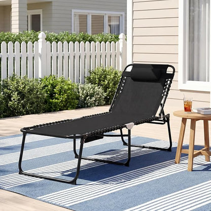 Goplus Chaise Lounge Chair, Folding 5-Postion Beach Lounge Chair with Detachable Pillow, Sunbathing Lounger, Adjustable Tanning Chair for Patio Lawn Pool Yard Outdoor