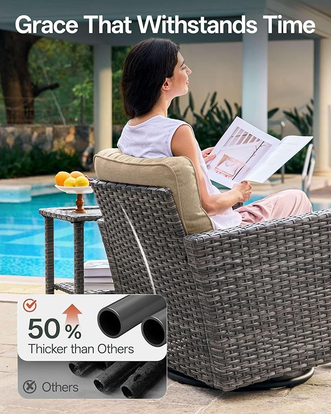 Luxury 3-Piece Patio Furniture Set with 6-Inch Thick Cushions, Outdoor Swivel Rocker Chairs and Table, Wicker Conversation Set for Porch, Deck, Balcony, Yard in Beige