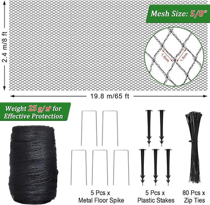 Bird Netting for Garden,8 X 65 Ft Reusable Protective Garden Netting Cover for Plants Fruit Trees Vegetables, 5/8in Mesh Heavy Duty Poultry Fence Animal Barrier with Ties and Staples