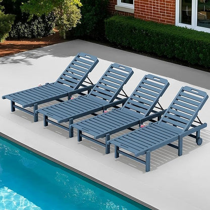 SERWALL Patio Chaise Lounge Set of 4, HDPE Outdoor Lounge Chair with Cup Holder, 5 Positions Adjustable Poly Lounge Chair with Rolling Wheels for Poolside, Deck, Sunbathing, Blue