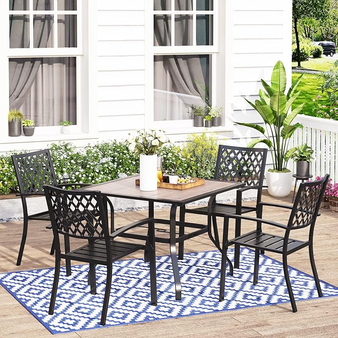 MFSTUDIO Patio Table and Chairs Set of 4, Outdoor Dining Set for 4 with Umbrella Hole, Metal Patio Furniture Set for Deck/Backyard/Poolside/Garden
