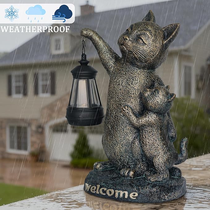 Cat Garden Statue Outdoor Decor - Solar Cat Garden Statue,Cats Figurine Ornaments,Waterproof Outdoor Sculptures for Yard Lawn Backyard Patio Balcony Home Decorations,Unique Cats Gifts for Women